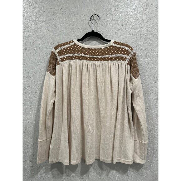 In Loom Medium Cream Henley Top Lace Boho Western Long Sleeve Shirt - Picture 2 of 5